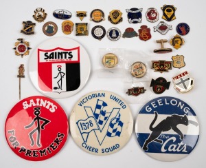 VARIOUS FOOTBALL CLUB MEMBERSHIP BADGES: Noted Ballarat Imperial 1913, Mines Rovers 1915, South Fremantle 1930, Glenelg 1952, East Fremantle 1956, Swan Districts 1955, and many others, together with four larger c. 1970s badges ("Victorian United Cheer Squad 1978", "Saints For Premiers", "Saints", and "Geelong The Cats"). (33 items)