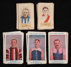 1932 HOADLEY'S: 3d. Violet Nutty Bar "Victorian League Footballers" part-set [17/108], the first of the Hoadley's sets and the hardest to complete, together with 1905 Will's "Past & Present Champions" part-set [15/50]; mixed condition Fair/GV. (32 items)