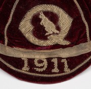 A QUEENSLAND 1911 HONOUR CAP, awarded to a member of the State team which played against New South Wales on June 7, 1911; maroon velvet with wire embroidered "Q" around a kangaroo over the date "1911" and full tassle; black internal lining. In exceptional - 6