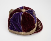 AN AUSTRALIAN KANGAROO TOUR TEAM 1912 HONOUR CAP, awarded to a member of the team which toured Great Britain, where they became the first-ever touring side to win The Ashes; maroon and deep navy velvet, with wire embroidered "ARL (kangaroo) AUSTRALIAN" ov - 3