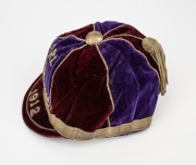 AN AUSTRALIAN KANGAROO TOUR TEAM 1912 HONOUR CAP, awarded to a member of the team which toured Great Britain, where they became the first-ever touring side to win The Ashes; maroon and deep navy velvet, with wire embroidered "ARL (kangaroo) AUSTRALIAN" ov - 5