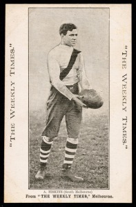 SOUTH MELBOURNE - ARTHUR HISKINS: Circa 1910 The Weekly Times "Victorian Footballers" postcard; G/VG.