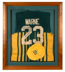 190 · SHANE WARNE: A 1998-99 Tri-Nation Series Australian Team ODI cap mounted together with Shane Warne's number 23 sleeveless team jumper (with ACB and CUB logos), endorsed "To Macca, I don't know where we'll be without U. Thanks for all your help, your friend Shane Warne"; attractively framed and glazed, 90 x 79.5cm overall.