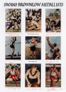 SWANS BROWNLOW MEDALLISTS: A mounted photograph display (unframed), with nine images and the original signatures of Bob Skilton, Graham Teasdale, Fred Goldsmith, Barry Round, Peter Bedford, Greg Williams, and Gerard Healy; 50.5 x 40cm overall.