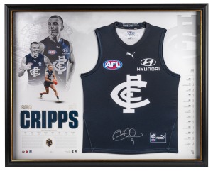 PATRICK CRIPPS - 2022 BROWNLOW MEDALLIST: Limited edition (#486/500) framed display, featuring a signed Carlton Jumper signed by Cripps, a replica Brownlow medal, and details of his remarkable achievements during the season, with CoA affixed verso; 85 x 55.5cm overall.