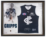 PATRICK CRIPPS - 2022 BROWNLOW MEDALLIST: Limited edition (#486/500) framed display, featuring a signed Carlton Jumper signed by Cripps, a replica Brownlow medal, and details of his remarkable achievements during the season, with CoA affixed verso; 85 x 5