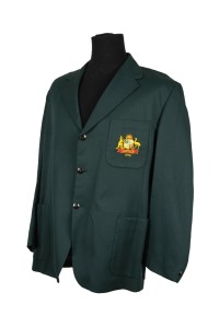 KEITH STACKPOLE'S 1972 AUSTRALIAN TEST TEAM BLAZER: In green light-weight wool, with the Australian coat-of-arms and the date "1972" embroidered in silk to the pocket; believed to have been issued to the team for the tour of the West Indies.