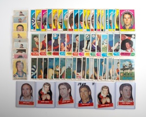 SCANLENS "FOOTBALLERS": Group comprising 1965 part-set [7/36], 1968 (Series A) part-set [20/44] including Bob Skilton, with 2 duplicates, 1968 (Series B) part-set [21/40], 1969 part-set [15/40], and 1969 die-cut part-set [6/18] in top loaders; Poor/G. (69 items)