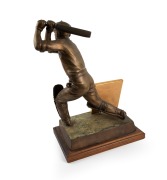 DONALD BRADMAN: Bronze statuette on jarrah plinth with plaque "The Cricketer Of The Century", limited edition 166/200, approx. 53 x 36 x 25cm; framed trading card (17 x 14.5cm overall) with original Bradman signature has been attached to the base (later a - 4