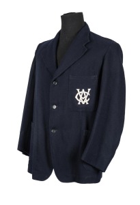 Keith Stackpole Sr.'s early 1950s Victorian State blazer, dark navy with embroidered "VCA" logo on pocket; tag reads "The Mutual Store Ltd. - Flinders Street, Melbourne".