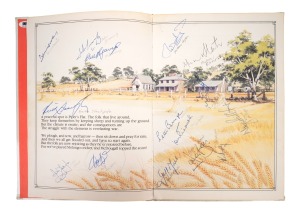 A 1985 hardcover edition of the classic Australian cricket poem "The Day McDougall Topped the Score" by Thomas E. Spencer, signed by no fewer than 93 Australian and international Test Cricketers and umpires all throughout, starting with Australian Captains, then Sir Donald Bradman, and then players roughly in their batting order, including noted Don Bradman, Alan Border, Ian Chappell, David Boon, Shane Warne, Ian Botham, Lindsay Hassett, Richie Benaud, and many more; AMA CoA present.