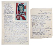BOB PRATT: Two signed manuscripts, both in Pratt's hand, the larger 32.5.x 20cm, wherein he recounts his formative years, the achievements of his playing career, and his thoughts on the era of football that he was a part of. "Regardless of what the young 