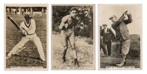 11 · J.A. PATTREIOUEX: 1935 "Sporting Events And Stars" complete set [96] of real photograph cigarette cards, including several very scarce and desirable cards such as #2 Don Bradman, #56 Joe Louis, and #19 R.T. (Bobby) Jones; VG/F. Rarely offered as a complete set. (96 items)