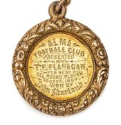 WEST MELBOURNE ALMA FOOTBALL CLUB: An 1889 fob (18ct gold) with chain (15ct gold), 49 grams total, inscribed "Alma Football Club - Presented By T.F. Flanagan For Best All Round Player Season 1889 - Won By John Sharland". - 3