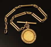 WEST MELBOURNE ALMA FOOTBALL CLUB: An 1889 fob (18ct gold) with chain (15ct gold), 49 grams total, inscribed "Alma Football Club - Presented By T.F. Flanagan For Best All Round Player Season 1889 - Won By John Sharland". - 4