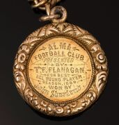 WEST MELBOURNE ALMA FOOTBALL CLUB: An 1889 fob (18ct gold) with chain (15ct gold), 49 grams total, inscribed "Alma Football Club - Presented By T.F. Flanagan For Best All Round Player Season 1889 - Won By John Sharland". - 7
