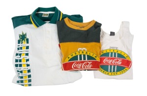 WORLD CUP 1996: Australian team-issued tracksuit top (with Commonwealth Coat of Arms), training T-shirt, long-sleeve training shirt, and singlet, all with the distinctive Coca-Cola World Cup logo of that year. (4 items)