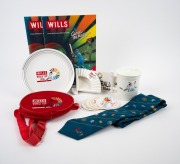 WILLS WORLD CUP 1996: A group of branded souvenirs including an official tie incorporating the logos of all participating teams, a Wedgwood plate, mug, and ashtray, and various other items.