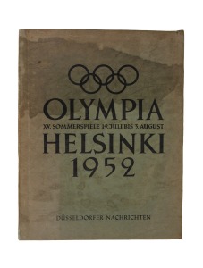 1952 HELSINKI: "OLYMPIA XV. SOMMERSPIELE 19. JULI BIS 3. AUGUST, HELSINKI 1952," an album of photo cards produced by the "Dusseldorfer Nachrichten" newspaper, complete and rarely seen. Includes a dramatic photograph of Marjorie Jackson dropping the baton passed to her by Winsom Cripps and other photographs featuring Australian athletes.