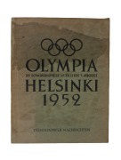 1952 HELSINKI: "OLYMPIA XV. SOMMERSPIELE 19. JULI BIS 3. AUGUST, HELSINKI 1952," an album of photo cards produced by the "Dusseldorfer Nachrichten" newspaper, complete and rarely seen. Includes a dramatic photograph of Marjorie Jackson dropping the baton 