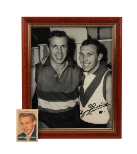 BOB SKILTON: A framed and glazed photograph of Ted Whitten and Bob Skilton, featuring Skilton's original signature, 28.5 x 23.5cm overall, together with a 1958 Atlantic Oil Picture Pageant "Victorian League Stars" rookie trading card of Skilton, also featuring Skilton's original signature. (2 items)