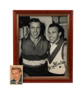 BOB SKILTON: A framed and glazed photograph of Ted Whitten and Bob Skilton, featuring Skilton's original signature, 28.5 x 23.5cm overall, together with a 1958 Atlantic Oil Picture Pageant "Victorian League Stars" rookie trading card of Skilton, also feat