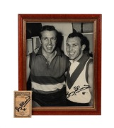 BOB SKILTON: A framed and glazed photograph of Ted Whitten and Bob Skilton, featuring Skilton's original signature, 28.5 x 23.5cm overall, together with a 1958 Atlantic Oil Picture Pageant "Victorian League Stars" rookie trading card of Skilton, also feat - 2