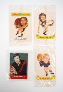 Scanlens 1969 Geoff Pryor die-cut card (unpopped), together with three 1973 Kellogg's "Australian Football Caricatures" stickers (Kevin Bartlett, John Murphy, and Greg Wells), all three still sealed in packaging. (4 items)