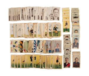 VICTORIAN FOOTBALLERS: A quantity of 1910s to 1950s cigarette cards, brands include W.D. & H.O. Wills, Godfrey Phillips, Capstan, Hoadley's Chocolates, Kornies, and others. (qty.)