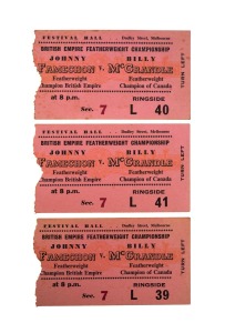 22 · JOHNNY FAMECHON: Three original ringside tickets to the 1968 September 13 match against Canadian Billy McGrandle at Festival Hall. Famechon won the bout, retaining his Commonwealth British Empire Featherweight title. (3 items)