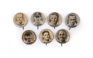 56 · THE INVINCIBLES: Group of seven c. 1940s monochrome pin badges, comprising Donald Bradman, Lindsay Hasset, Keith Miller, Bill Brown, Sid Barnes, Ray Lindwall, and Ian Johnson; all 2cm diameter. Scarce.