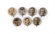 THE INVINCIBLES: Group of seven c. 1940s monochrome pin badges, comprising Donald Bradman, Lindsay Hasset, Keith Miller, Bill Brown, Sid Barnes, Ray Lindwall, and Ian Johnson; all 2cm diameter. Scarce.