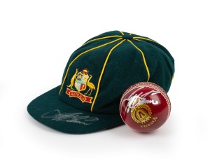 208 · JEFF THOMSON: Souvenir Baggy Green together with Slazenger cricket ball, each signed and accompanied by a photo of Thomson signing the item in question. (4 items)