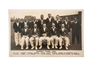 75 · JACK HOBBS & ANDY SANDHAM - ORIGINAL SIGNATURES: Original 1934 Surrey Team real photo postcard, bearing on reverse Hobbs' signature in ink and Sandham's signature in pencil.