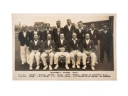 JACK HOBBS & ANDY SANDHAM - ORIGINAL SIGNATURES: Original 1934 Surrey Team real photo postcard, bearing on reverse Hobbs' signature in ink and Sandham's signature in pencil.