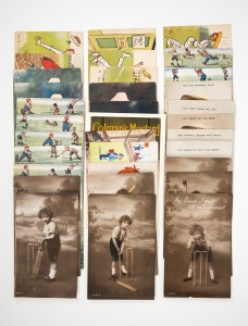 CRICKET POSTCARDS - COMIC & SENTIMENTAL: Group of thirty-three mostly 1900s cards, including six Tom Browne cards for Cricket Illustrated, with other artists including E.R. Kinsella and G.E. Shepheard. (33 items)