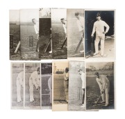 POSTCARDS: Group of twelve c. 1900s photographic postcards of prominent cricketers at the wicket, including four T. Bolland types (Australians W.W. Armstrong, M.A. Noble, Joe Darling, and R.A. Duff), as well as English and Indian players. (12 items)