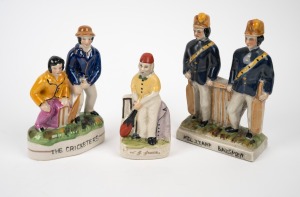 97 · Group of three early Staffordshire-style figurines comprising W.G. Grace at the wicket (height 14cm), two soldiers holding bats with title "Militany Baismen" (sic; height 17.5cm) and man and woman at the wicket with title "The Cricketers" (height 16.5cm). (3 items)