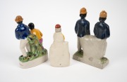 Group of three early Staffordshire-style figurines comprising W.G. Grace at the wicket (height 14cm), two soldiers holding bats with title "Militany Baismen" (sic; height 17.5cm) and man and woman at the wicket with title "The Cricketers" (height 16.5cm). - 2
