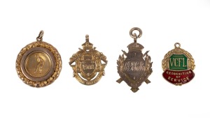 4 · 9 CARAT GOLD SPORTING MEDALS: Four medals, the largest 32mm in diameter, comprising 1908 "Cadets Queensland - M.B.G.S. 1st 200 Yds" (shooting), 1909 "Challenge Shield", "V.C.F.L. Recognition Of Service", and an early cricket medal; 25 grams total. (4 items)