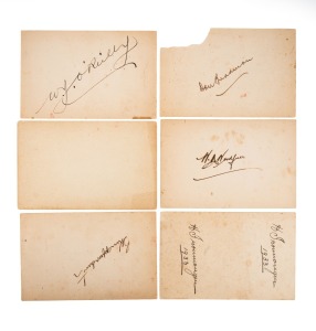 73 · BODYLINE: Group of four early 1933 postcards bearing the signatures of Don Bradman, Bill Woodfull, Bert Ironmonger, and Bill O'Reilly, together with similar cards bearing the signatures of Charles Kingsford Smith and Poul John Holdenson, then Danish Consul General in Victoria. (6 items)