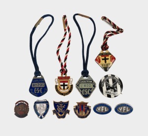 Group of football fobs and pins, including noted 1950s Geelong supporters pin, 1968 St Kilda Social Club, 1978 and 1979 Carlton Social Club fobs, Collingwood, Fitzroy, VFL Trainers & Staff Association, and others. (11 items)