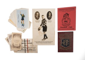 Diverse group including 1937 Collingwood postcard "Official Testimonial Photograph, Gordon (Nuts) Coventry - Champion Forward of Australian Football" (small tear), 1951 Kornies "Footballers In Action" part-set [18/64], 1955 Fitzroy season ticket, and others. (29 items)