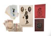 Diverse group including 1937 Collingwood postcard "Official Testimonial Photograph, Gordon (Nuts) Coventry - Champion Forward of Australian Football" (small tear), 1951 Kornies "Footballers In Action" part-set [18/64], 1955 Fitzroy season ticket, and othe