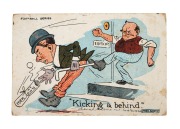 FRED BOOTY "Football Series" postcard "Kicking a behind", postally used July 1906 from KOOKYNIE W.A. to Zeehan, Tasmania. Very rare.