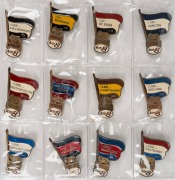 An album containing sixty-eight different VFL club pin badges, each with petroleum company branding e.g. Caltex, Ampol, Mobil, BP, and Shell. (68 items)