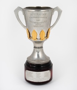 GEELONG PREMIERS: Royal Selangor pewter replica miniature Premiership cup, hand-inscribed "Australian Football League 2007 Premiership Cup - Won By Geelong", with player list engraved on plate to base; height 21cm overall.