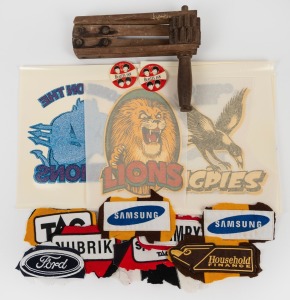 Diverse accumulation of items comprising an early wooden noisemaker, six iron-on club logos, eleven guernsey patches, plus two 1964 "I'm a Beatles Fan" stickers. (20 items)