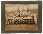 SOUTH MELBOURNE SWANS 1907: Original official team photograph, mounted on backing card, 39.5 x 49.5cm overall, together with "BSMFC Premiers 1907" official team photograph, mounted on backing card, 31 x 44cm overall. (2 items)