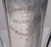 SWANS BEST & FAIREST TROPHY: Original silver-plated trophy mounted on a timber plinth, inscribed "Swann Insurance Perpetual Trophy for Best & Fairest Player - South Melbourne Football Club", the plinth with plaques engraved Norm Goss 1974, Peter Bedford 1 - 2
